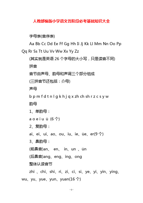 人教部编版小学语文各阶段必考基础知识大全