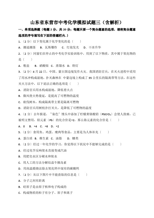 山东省东营市中考化学模拟试题三(含解析)