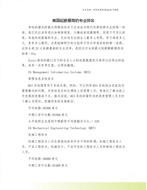 美国起薪最高的专业排名