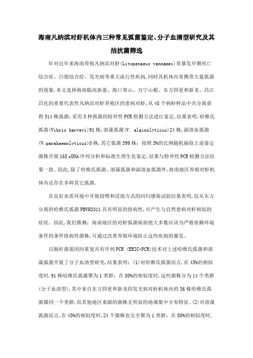 海南凡纳滨对虾机体内三种常见弧菌鉴定、分子血清型研究及其拮抗菌筛选