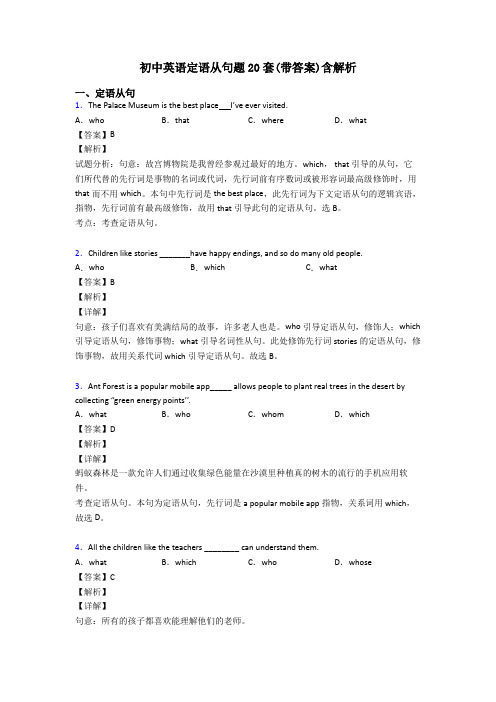 初中英语定语从句题20套(带答案)含解析