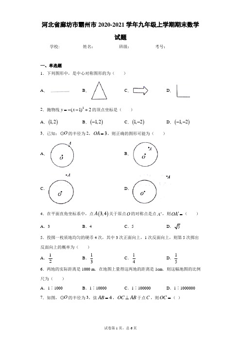 河北省廊坊市霸州市2020-2021学年九年级上学期期末数学试题(word版含答案)