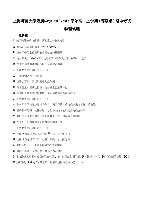 沪科版(上海)上海师范大学附属中学2017-2018学年高二上学期(等级考)期中考试物理试题及详解