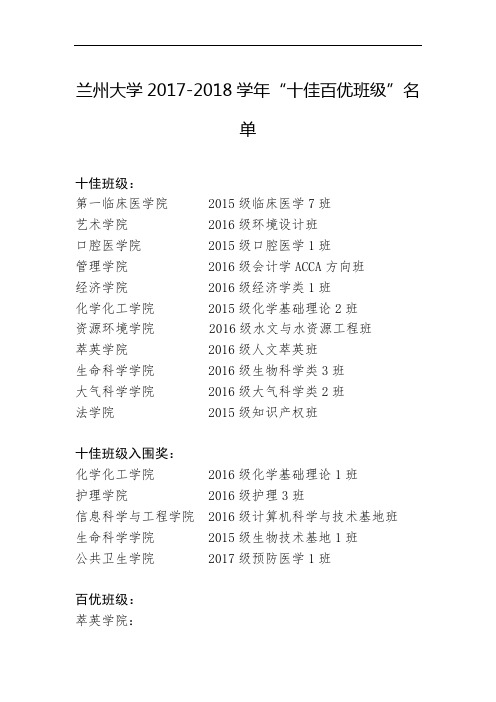 兰州大学2017-2018学年“十佳百优班级”名单