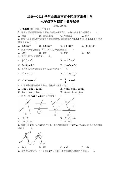 山东省济南市济南泉景中学2020-2021学年七年级下学期期中数学试题