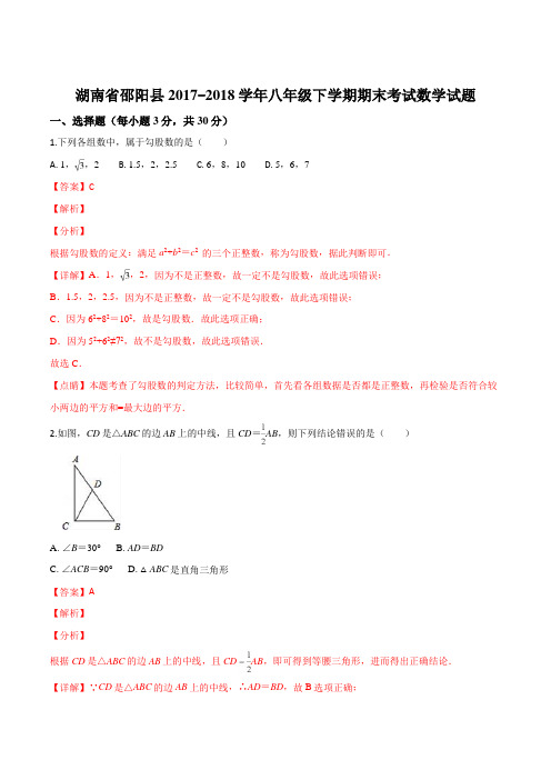 湖南省邵阳市邵阳县2018-2019学年八年级下学期期末考试数学试题(解析版)