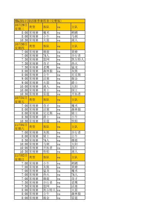 NBA2014-2015赛季赛程表