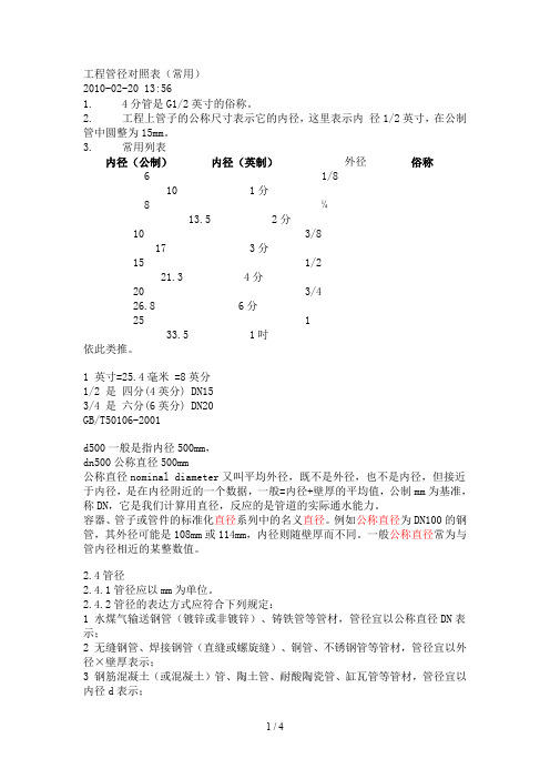 工程管径对照表