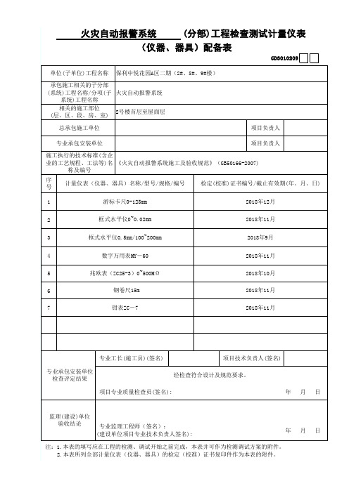 7、火灾自动报警系统工程检查测试计量仪表(仪器、器具)配备表