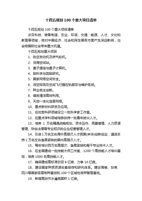十四五规划100个重大项目清单