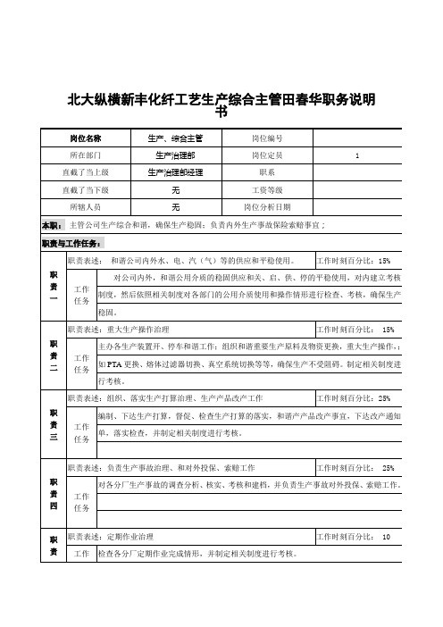 北大纵横新丰化纤工艺生产综合主管田春华职务说明书