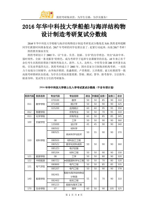 2016年华中科技大学船舶与海洋结构物设计制造考研复试分数线