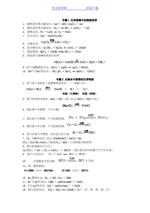 高一化学必修苏教(专题一到专题三)化学方程式完全总结