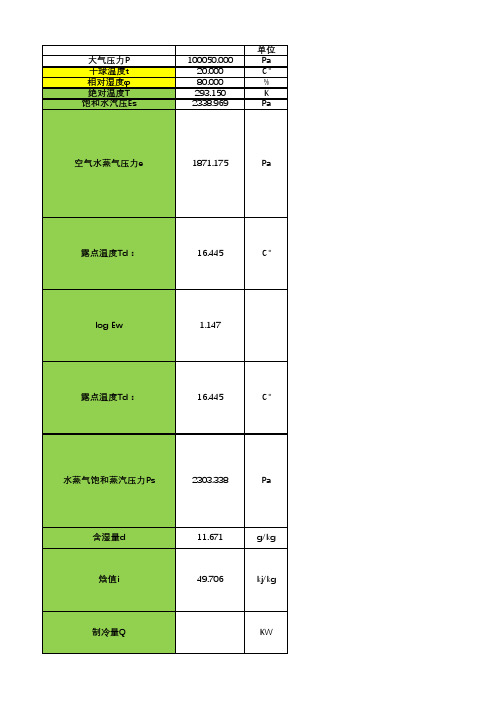暖通计算工具-露点-焓值-含湿量-空气水蒸气压力-制冷量