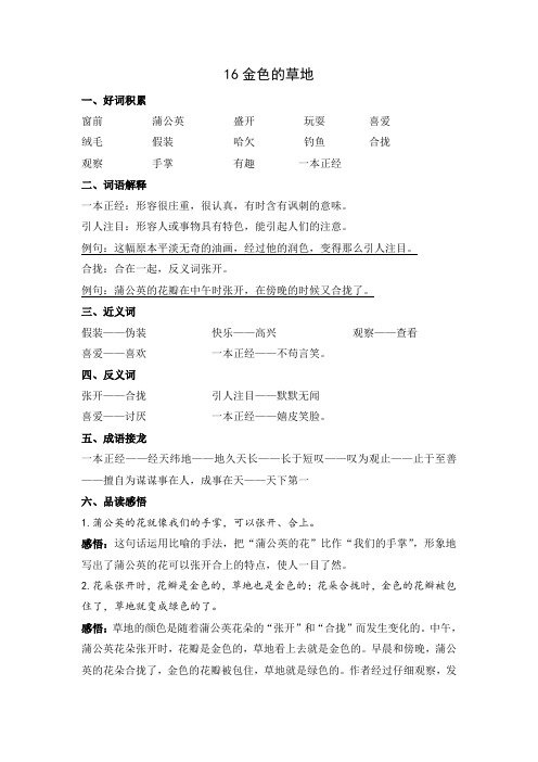 双减增效三年级语文上册 16 金色的草地 摘抄积累(部编版)