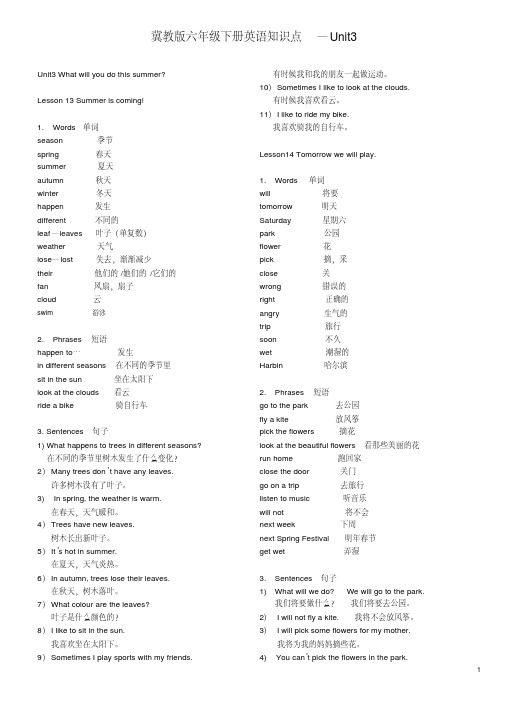 (完整版)冀教版六年级下册英语知识点UNIT3