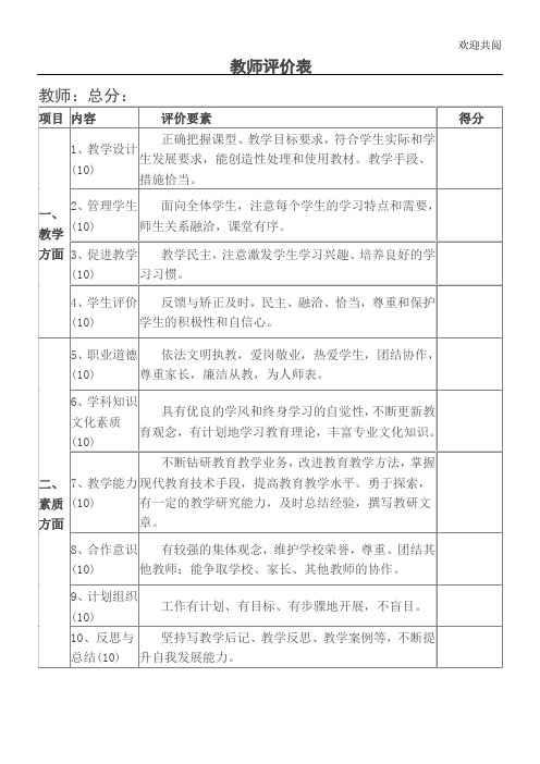 教师自我评价表格模板
