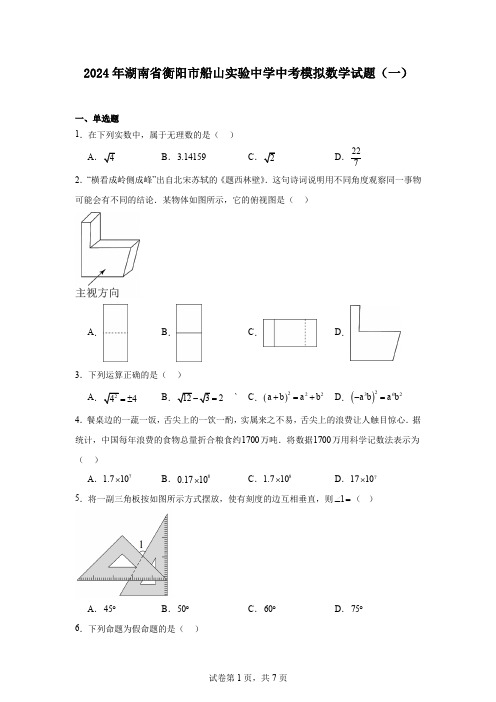 2024年湖南省衡阳市船山实验中学中考模拟数学试题(一)