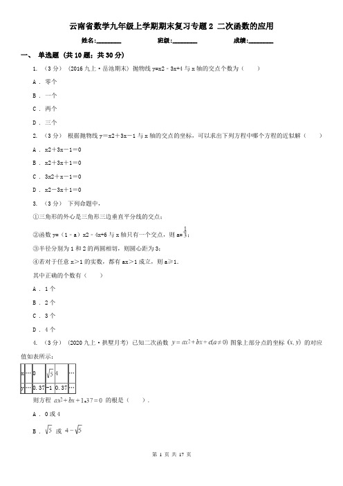 云南省数学九年级上学期期末复习专题2二次函数的应用