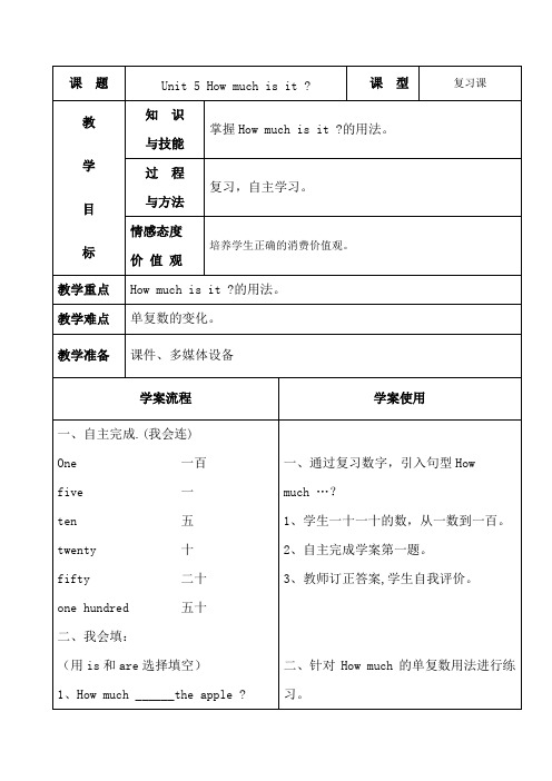 PEP小学英语四年级下册第五单元复习课教教案