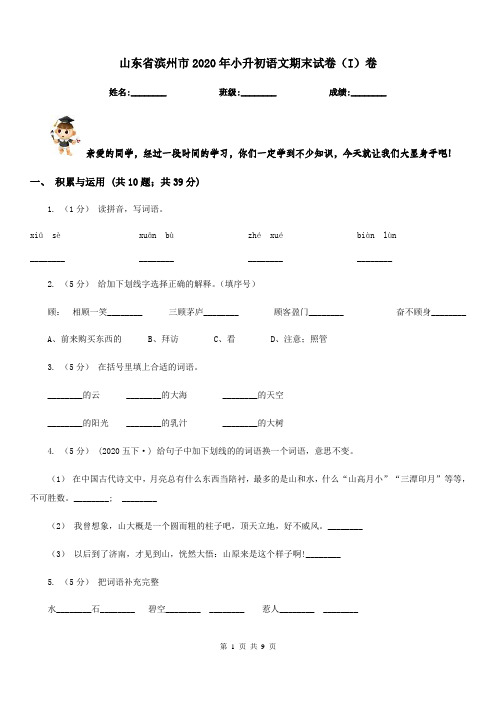 山东省滨州市2020年小升初语文期末试卷(I)卷