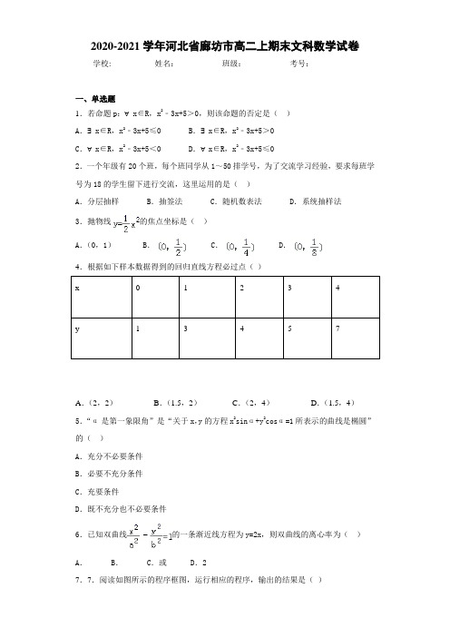 2020-2021学年河北省廊坊市高二上期末文科数学试卷