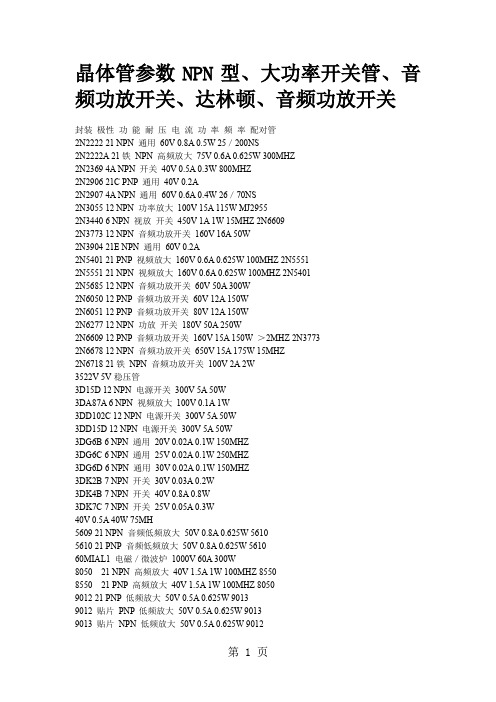 晶体管参数NPN型、大功率开关管、音频功放开关、达林顿、音频功放开关word资料12页