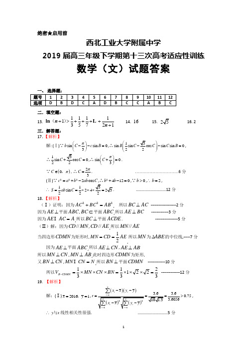 2019届西北工业大学附属中学高三下学期第十三次高考适应性训练数学(文)答案