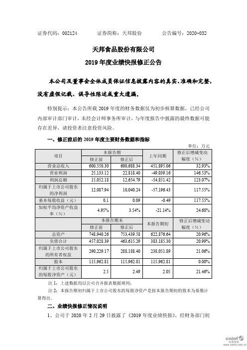 天邦股份：2019年度业绩快报修正公告