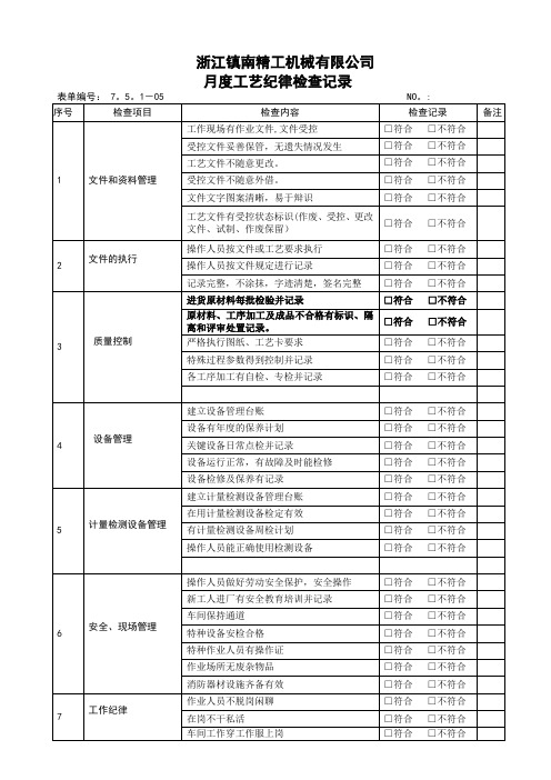 工艺纪律执行情况检查记录