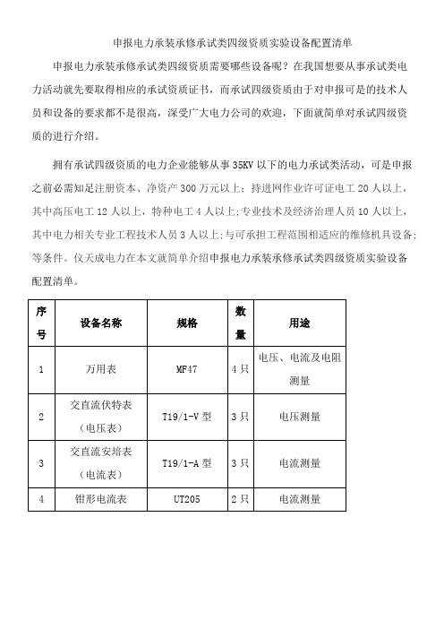 申报电力承装承修承试类四级资质实验设备配置清单