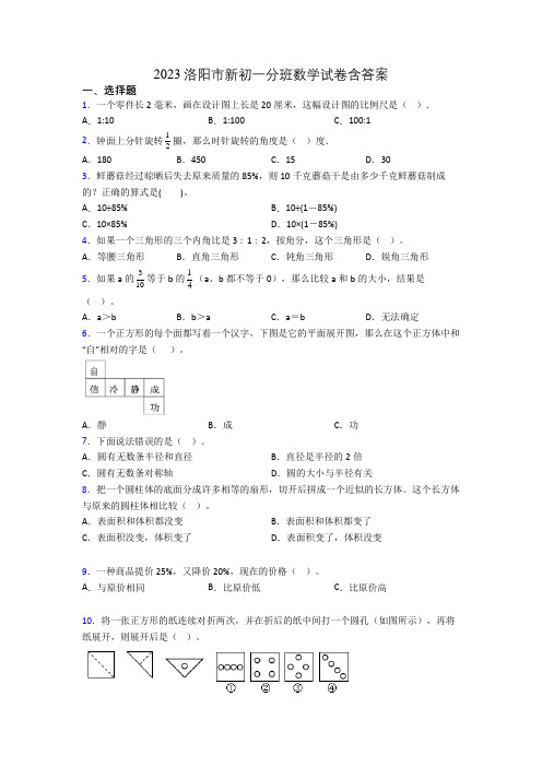 2023洛阳市新初一分班数学试卷含答案