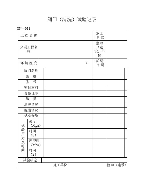 鲁SN-011阀门(清洗)试验记录