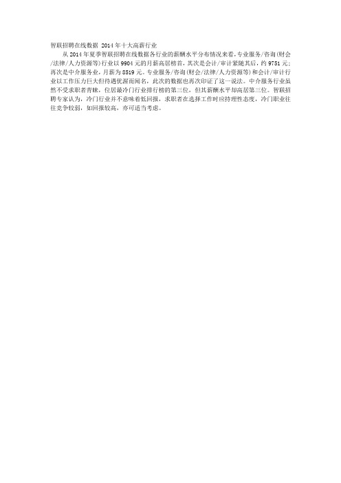 智联招聘在线数据 2014年十大高薪行业