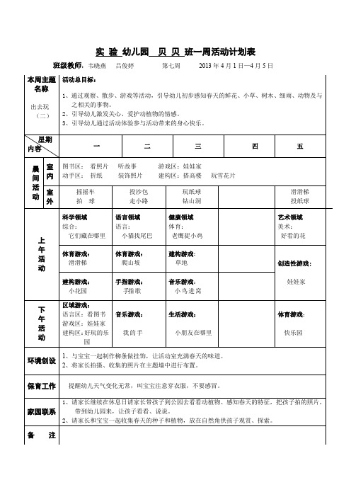 幼儿园贝贝班一周活动计划表