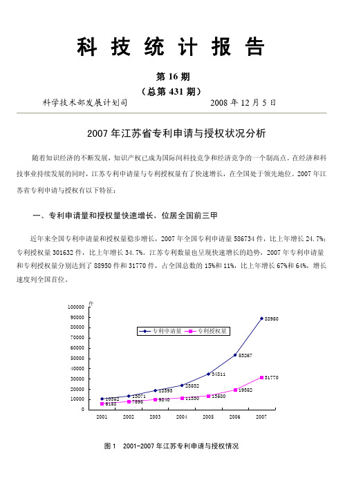 2007年江苏省专利申请与授权状况分析(2008年第16期)(2009-01-05)