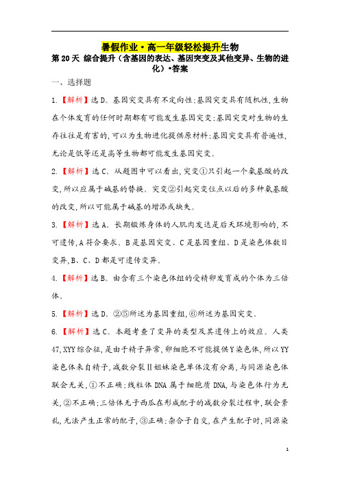 2020年高一新教材生物暑假作业轻松提升：第20天 综合提升(含基因的表达、基因突变及其他变异生物的进化)