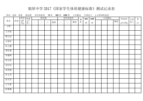 2017《国家学生体质健康标准》测试记录表