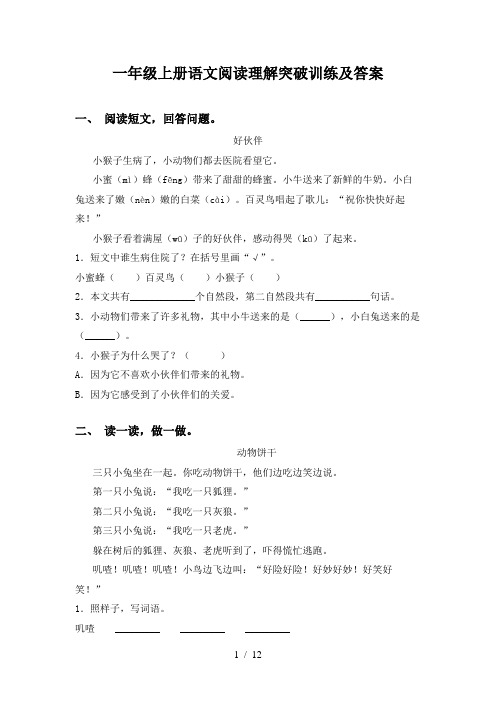 一年级上册语文阅读理解突破训练及答案