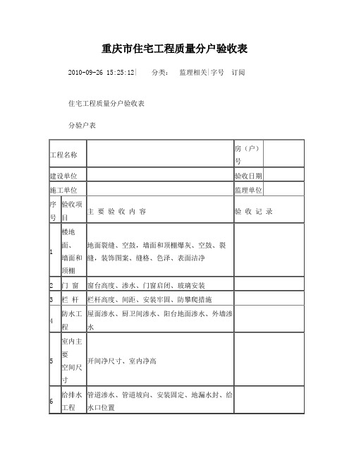 重庆市住宅工程质量分户验收表
