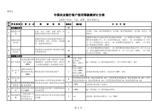 中国农业银行信用等级测评计分表