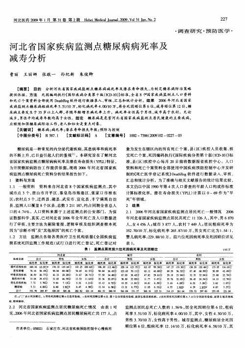 河北省国家疾病监测点糖尿病病死率及减寿分析