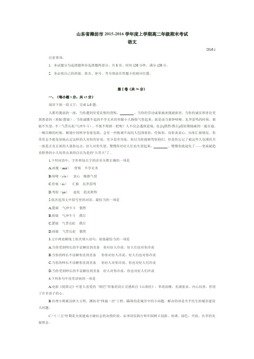 山东省潍坊市2015-2016学年度上学期高二年级期末考试