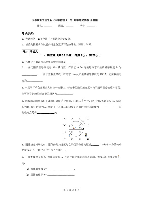 大学农业工程专业《大学物理(一)》开学考试试卷 含答案