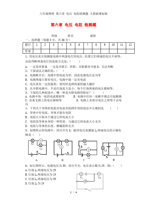八年级物理 第六章 电压 电阻检测题 人教新课标版