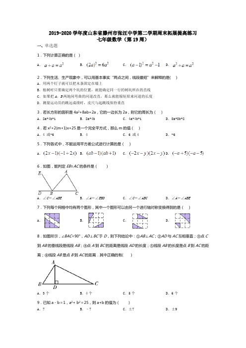 2019-2020学年第二学期山东省滕州市张汪中学北师大版七年级下数学周末拓展提高练习(第19周)(无答案)