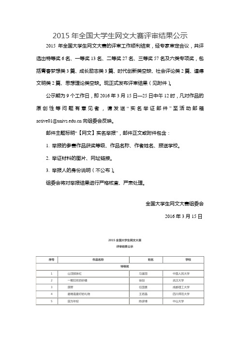 2015年全国大学生网文大赛评审结果公示