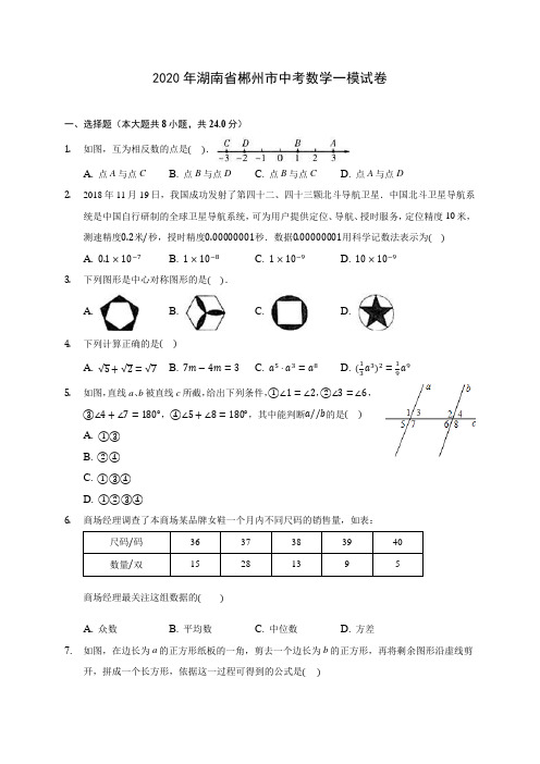 2020年湖南省郴州市中考数学一模试卷 (含答案解析)