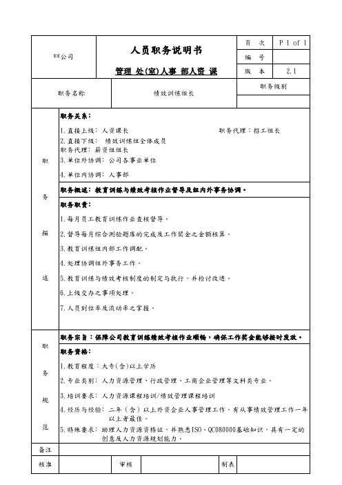 人事部人资课绩效组长职务说明书