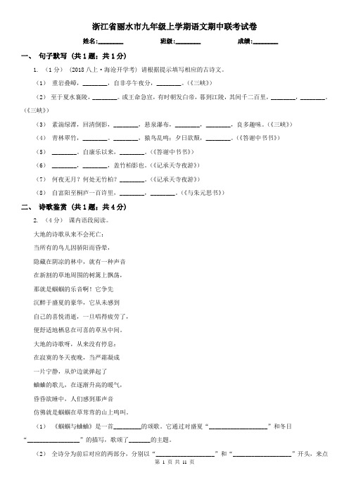 浙江省丽水市九年级上学期语文期中联考试卷